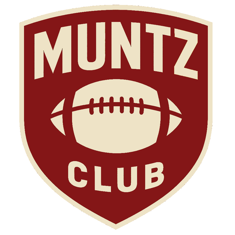 Shield-shaped logo for MUNTZ CLUB: maroon background, cream border, cream football in center, with 'MUNTZ' at the top and 'CLUB' at the bottom.
